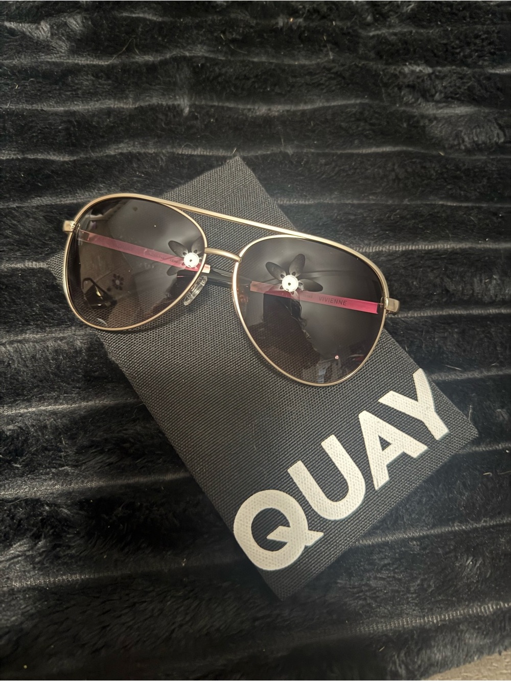 Quay Australia Gold Aviator Sunglasses with Pink Temples and Dark Lenses